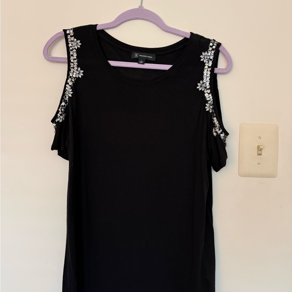 INC International Concepts Black Cold Shoulder Top with Silver Embellishments